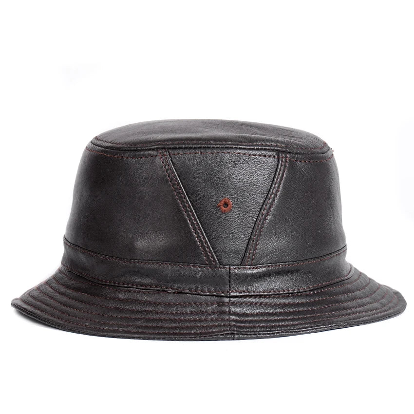 NEW RY995 Man Real Leather Fitted Flat Bucket Hats Male Outdoor Potted Short Brim Black/Brown Hip Pop Gorras Elderly Fishing Cap  Amaijoin