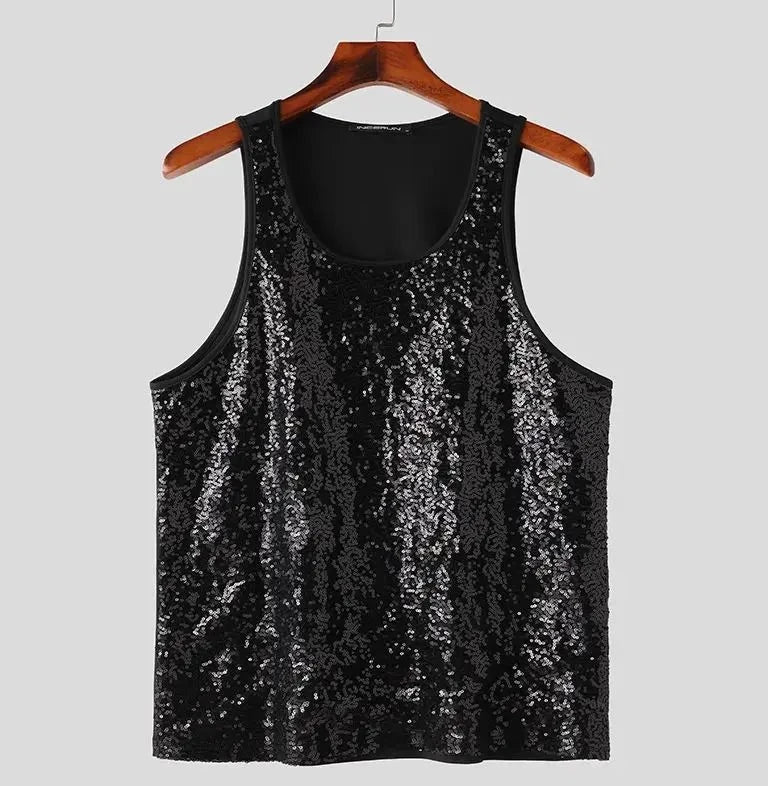 INCERUN Men Tank Tops Sequins Sparkling O-neck Sleeveless Casual Male Vests Streetwear 2024 Summer Fashion Party Men Clothing  Amaijoin