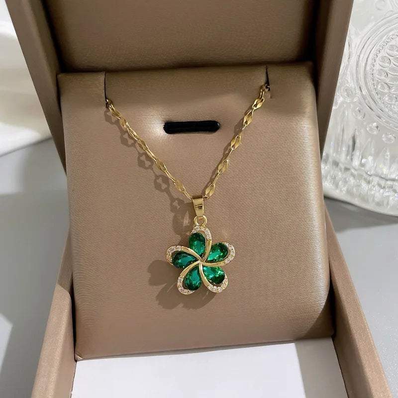 DIEYURO 316L Stainless Steel Green Zircon Flowers Pendant Necklace For Women New Luxury Girls Lucky Chain Birthday Jewelry Gifts  Amaijoin