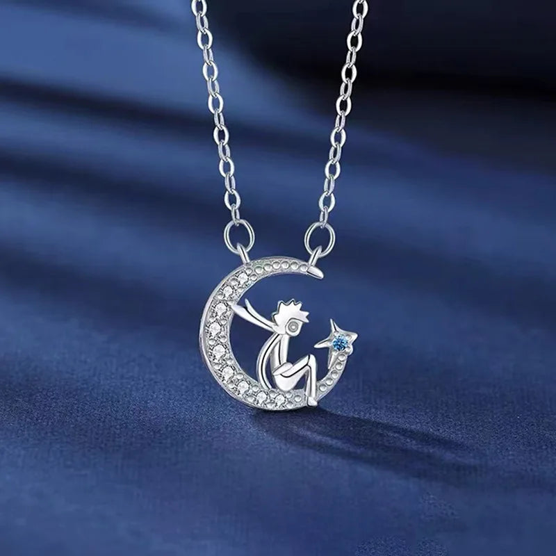 925 Sterling Silver Moon Necklace Pendant Zircon For Women Fashion Exquisite Student Girlfriend Jewelry Accessories Heart Gift  Amaijoin