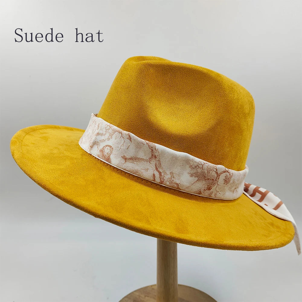 Hand-painted Fedora Hat Men's and Women's Hat Panama Spring Autumn Fashion with Wrapped Feather Wool Fedora Hat Big Brim  Amaijoin