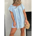 Carregue a imagem no visualizador da Galeria, Fashion Waist Solid Party Dress Summer Sexy Off Shoulder Tassel Denim Dress Lady Slash-neck Short Sleeve Flim Jean Mini Dress  Amaijoin
