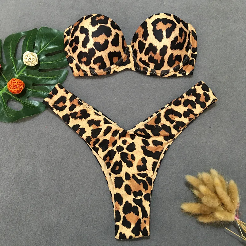 Sexy Leopard Bikini 2023 Push Up Bandeau Swimsuit Female Swimwear Women Thong Bikinis Set Bather Beachwear Bathing Suit Pool  Amaijoin