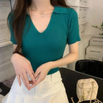 Carregue a imagem no visualizador da Galeria, Ice Silk Ribbed POLO Short Sleeve T-Shirt Chic Red Slim Urbane Casual Design Aesthetic Beautiful Woman Blouse Summer Clothing  Amaijoin
