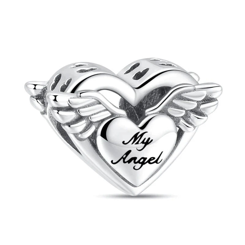 925 Sterling Silver My Angel Wings Heart Fashion Beads Fit Original Pandora Charms Bracelet Necklace Women Jewelry Anniversary  Amaijoin