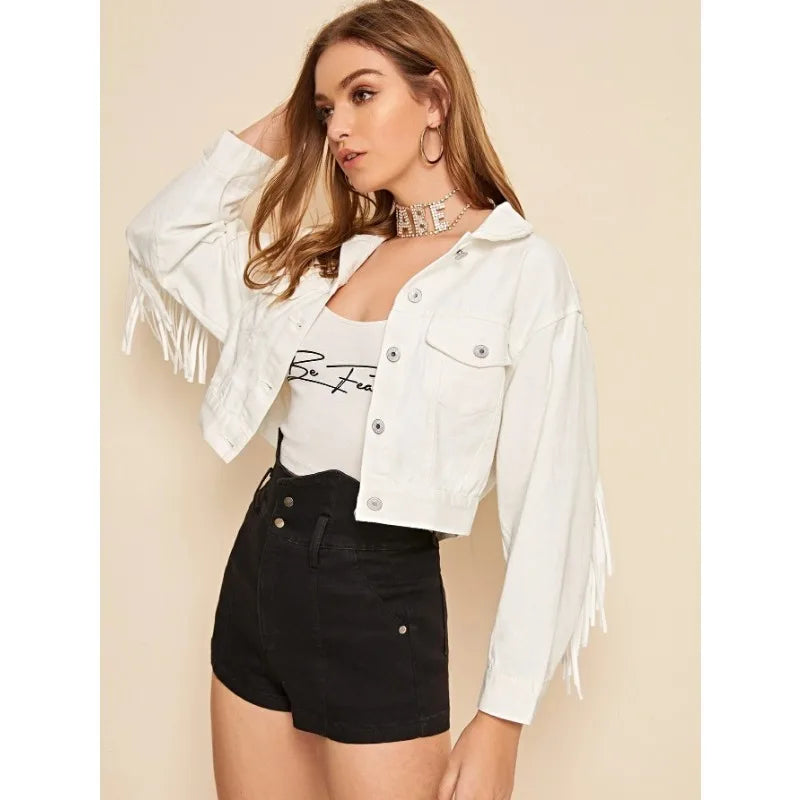 2024 Spring and Autumn New Women's Tassel Denim Jacket Women's White Jacket  Amaijoin