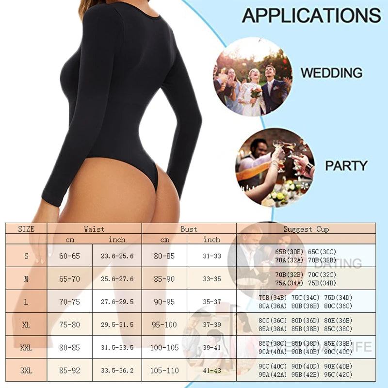 GUUDIA Spandex Elastic Body Suit Shapewear Women Body Shaper Tummy Control Long Sleeve Open Crotch Big U Neck Seamless Shapers  Amaijoin