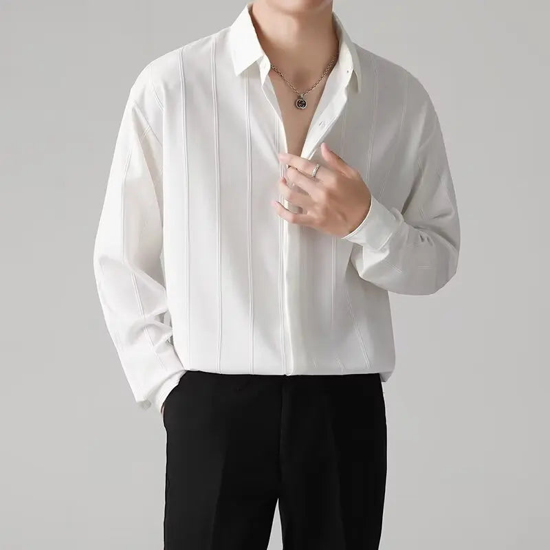 2024 Spring autumn Long Seeve White Shirts Men Fashion Loose Streetwear Shirts Simple Striped Office Social Blouse Men Clothing  Amaijoin