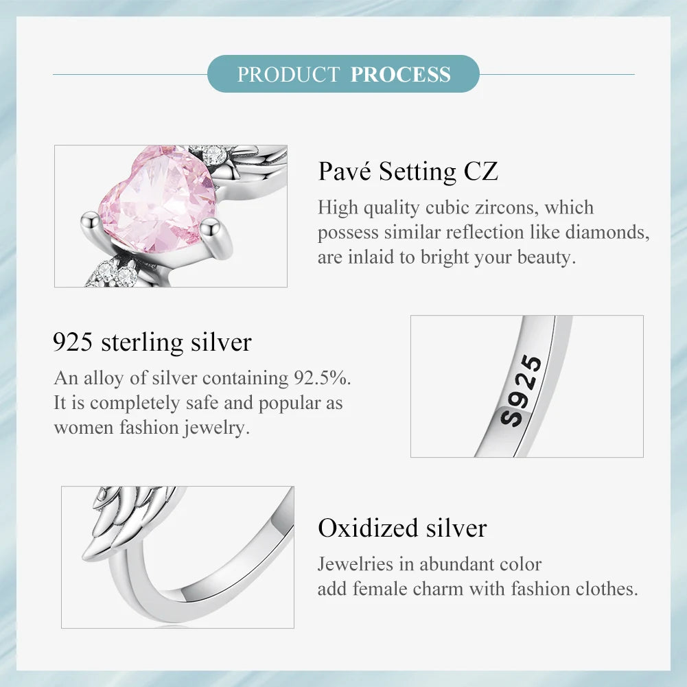 BAMOER 925 Sterling Silver Angel Wing Ring for Women Fine Jewelry Pink Heart Zircon Eternity Band Ring Wedding Gift SCR874  Amaijoin