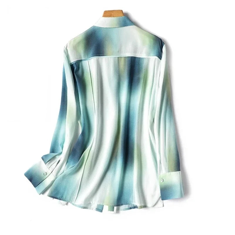 New 2024 Satin Surface Summer Women's Blouse Casual Fashion Simplicity Tops Tie Dye Printing Turn-down Collar Long Sleeved Shirt  Amaijoin