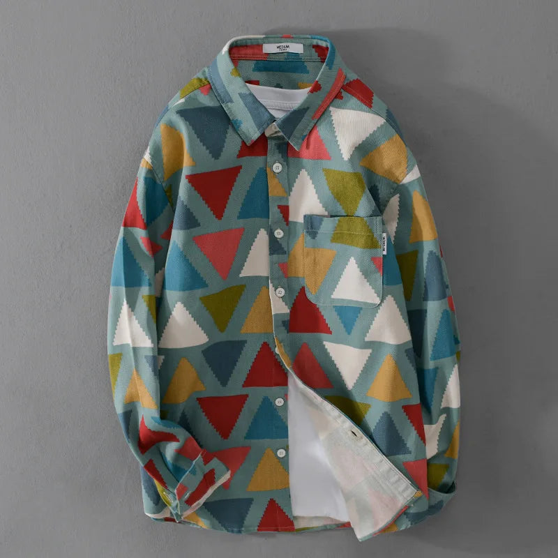 9655 100% Cotton Spring Fall Fashion Men's Colorful Print Long Sleeve Shirts Japan Style Geometry Chic Versatile Streetwear Tops  Amaijoin