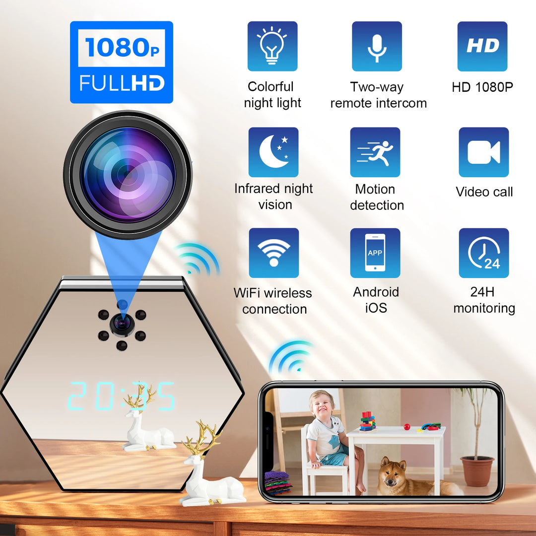 WiFi Security Camera with Clock, Full HD, 4K, Mini Wireless Camera with LED Light, WiFi Nanny Cam, Strong Night Vision  Amaijoin