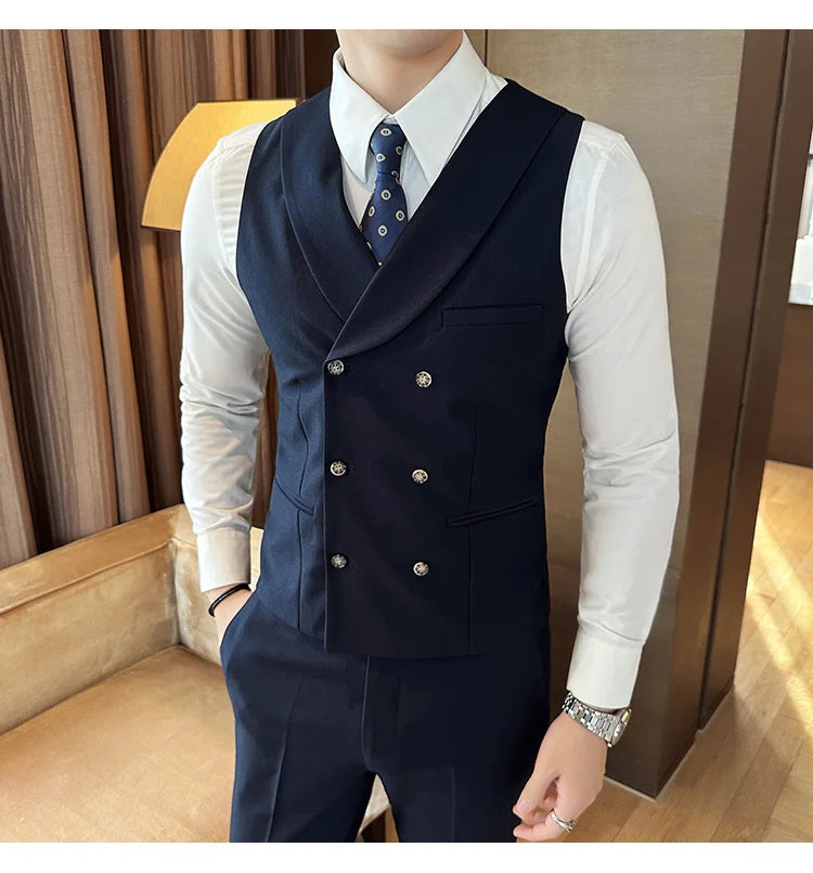 High Quality Double-Breasted Solid Mens Vest Coat Korean Style Business Slim Fit Male Waistcoat Groom Wedding Dress Suit Vests  Amaijoin