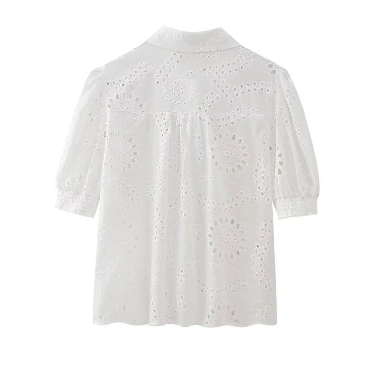 Zevity New Women Fashion Puff Sleeve Hollow Out Embroidery White Smock Blouse Female Chic Business Shirt Blusas Tops LS20249  Amaijoin