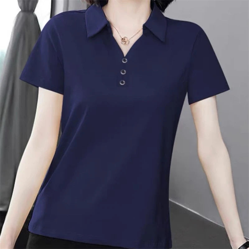 Women Simple Casual Half Zipper Tees Solid Loose Polo Collar T-shirt 2024 Summer Korean Short Sleeve Pullover Tops Ropa De Mujer  Amaijoin