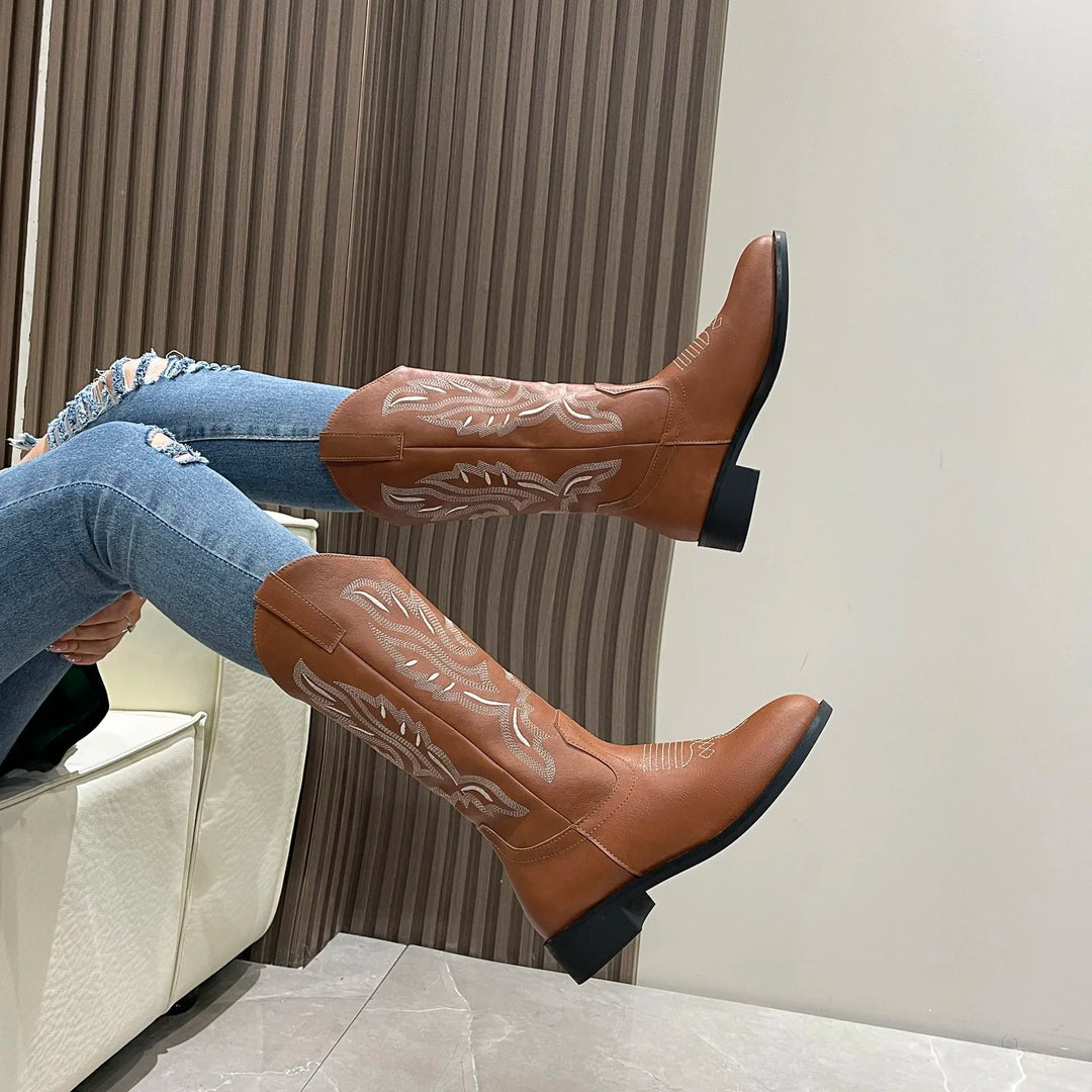 Autumn/Winter 2023  Western cowboy boots all-in-one adult women's boots Embroidered sleeve rider motorcycle boots mid-calf boots  Amaijoin