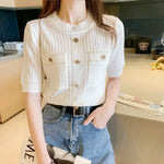 Load image into Gallery viewer, 2023 Summer New French GentleIce Silk Round Neck Short Sleeve T-shirt Women&#39;s Solid Button Small Fragrant Wind Knitted Slim Top  Amaijoin
