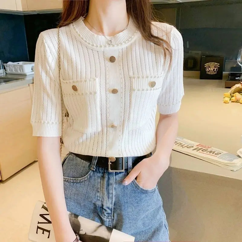 2023 Summer New French GentleIce Silk Round Neck Short Sleeve T-shirt Women's Solid Button Small Fragrant Wind Knitted Slim Top  Amaijoin