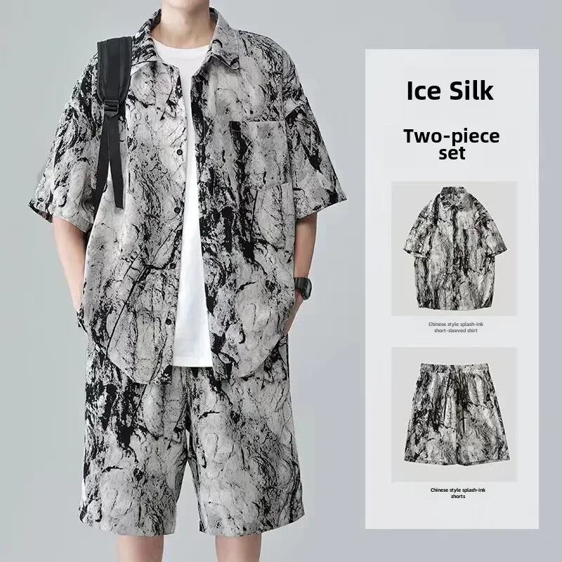 Unique Niche Design Sensibility Casual Tie Ice Silk Sports 2-piece Set Men's Short Sleeve Shirt Youthful Style  Amaijoin