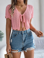 Carregue a imagem no visualizador da Galeria, Spring Summer Solid Hollow Short Sleeve Lace up Knitwear Women Vacation Cardigan  Amaijoin
