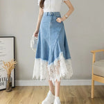 Carregue a imagem no visualizador da Galeria, Harajuku Lace Patchwork Denim Skirt Woman Korean High Waist Blue Midi Skirts Women Summer Fashion Plus Sized 3Xl A-Line Skirt  Amaijoin
