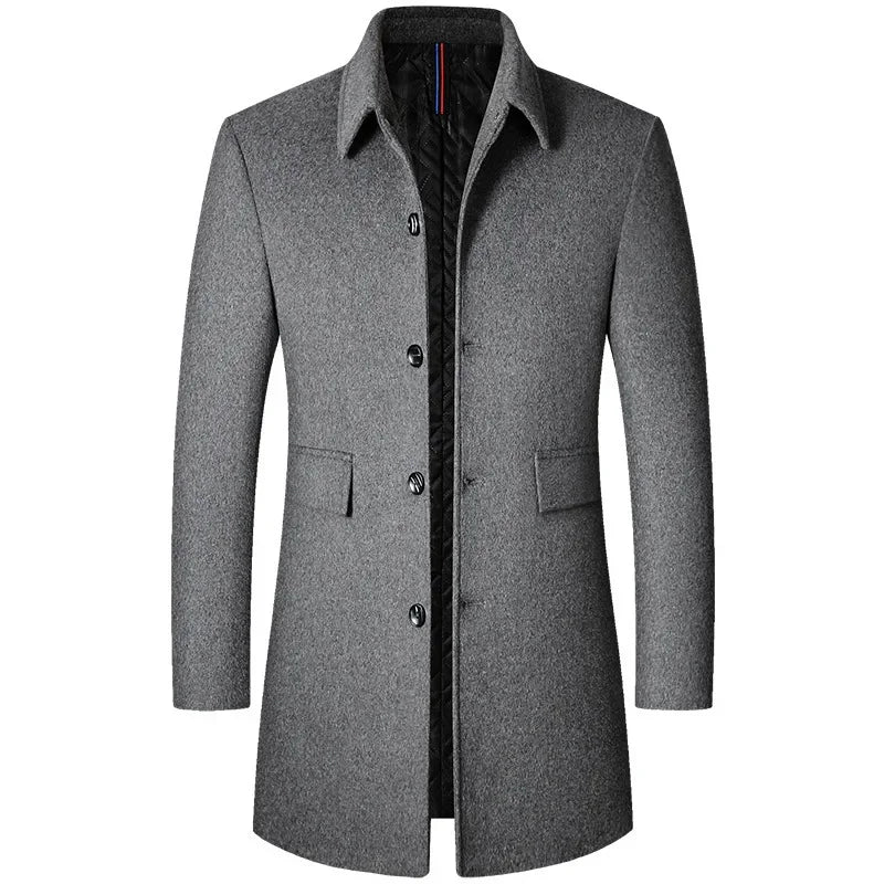 Male Woolen Coat Solid Color Slim Mid-Length Windbreaker Warm Wear-Resistant Men's Wool Coat Business Formal Wear Casual Jacket  Amaijoin