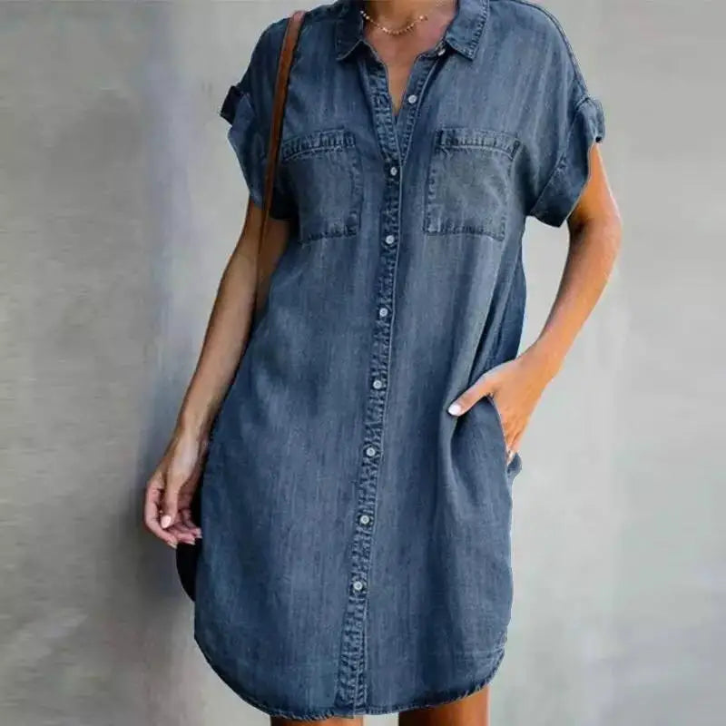 Summer New Single Breasted Denim Shirt Dress Women's Casual Loose Pocket Simple Retro Commuter Female Office Denim Short Skirt  Amaijoin