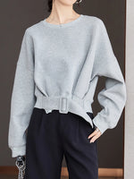 Carregue a imagem no visualizador da Galeria, Stylish Grey Sweatshirts Autumn Winter Women Plain Long Sleeve Belt Waist Loose Casual Oversize Pullovers Korean Short Jumper  Amaijoin
