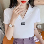 Carregue a imagem no visualizador da Galeria, Tops Black Clothing Plain Polo Neck Shirts for Women Aesthetic Luxury High Quality T-shirt Woman Cotton with Collar Y2k Fashion  Amaijoin
