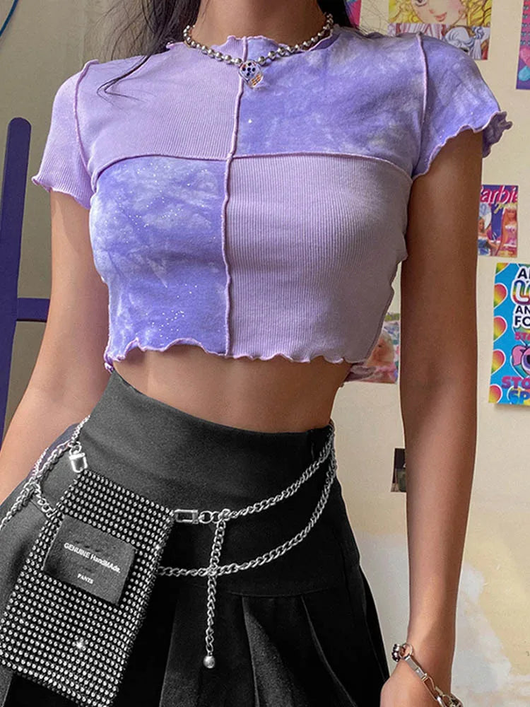 Chic Crop Tops Tees Tie Dye With Sequin Patchwork Women Summer T-shirts Ruffles Hem Purple Or Bule Clothes  Amaijoin