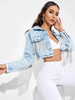 Carregue a imagem no visualizador da Galeria, Women&#39;s Fringe Jacket Tassel Cropped Denim Jacket Raw Hem Ripped Crop Jean Jackets  Amaijoin
