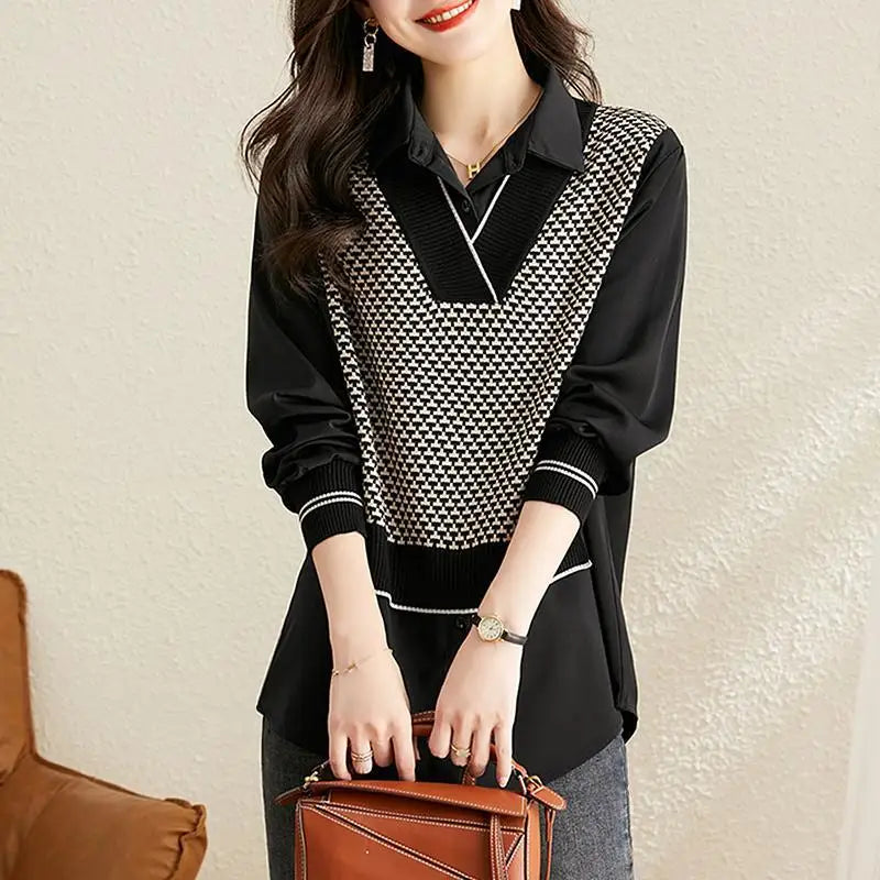 Autumn and Winter Women's Pullover POLO Collar Solid Button Panel Loose Fit Long Sleeve Medium Length Sweater Shirt Fashion Tops  Amaijoin