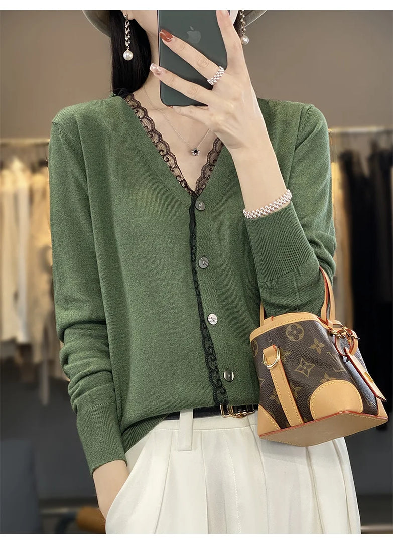 2023 Spring and Summer Cashmere Cardigans Women  V-neck Knitted Sweater Fashion Knitwear Solid Cashmere Cardigans Women's  Amaijoin