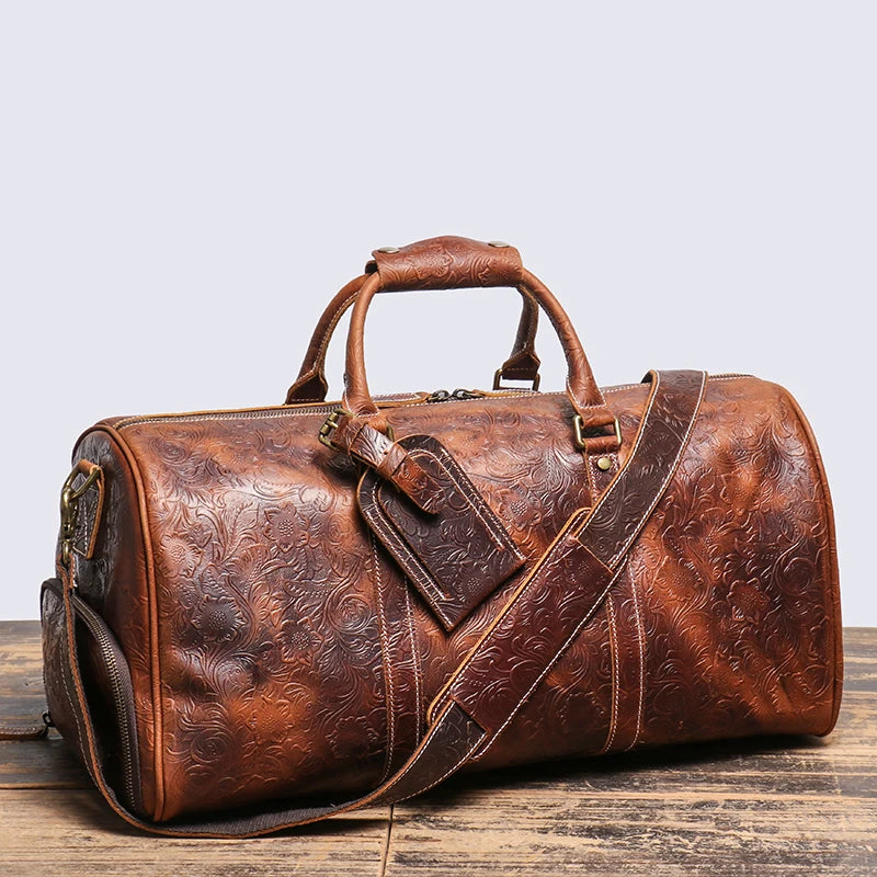 LEATHFOCUS Vintage Embossed Handbag Men's Women's Leather Travel Bag Large Capacity Business Duffles Bag Weekend Gym Bag  Amaijoin