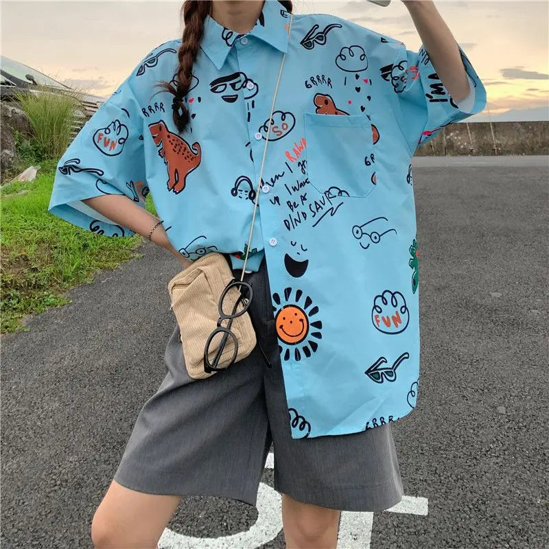 Cute Print Loose Short Sleeve T Shirt Oversize Fashion Woman Blouse 2023 Summer Thin Korean Free Shipping  Amaijoin