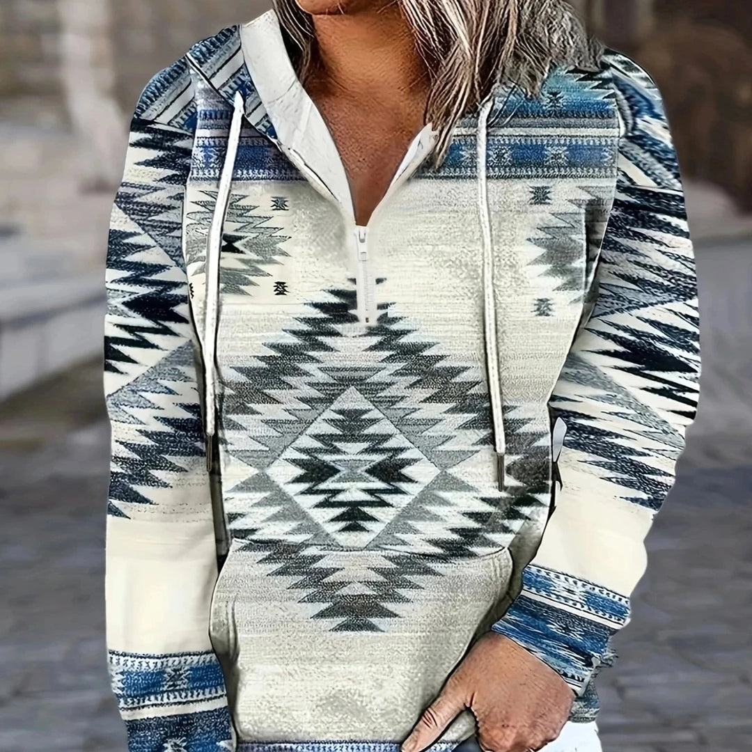 Women Fashion Geometric Printed Sweatshirts Casual Full Long Sleeve Half Zip Up Pullover Tops Ladies Autumn Winter Top  Amaijoin