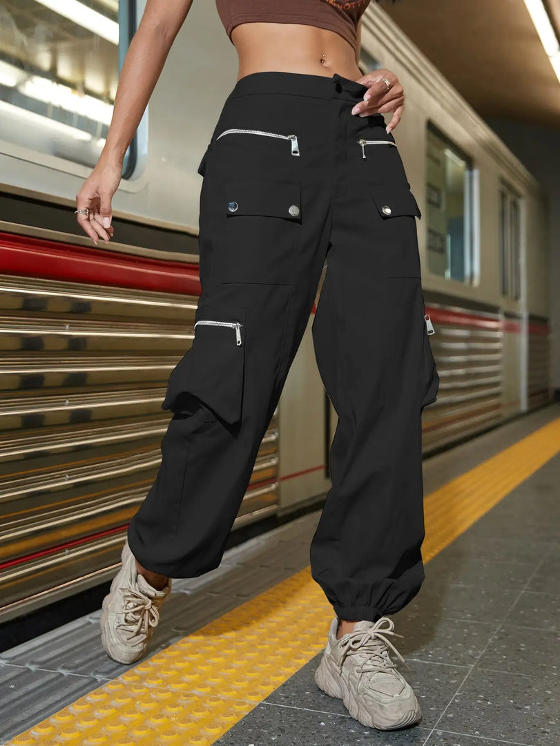 2023 Fashion Hip Hop Street Flap Pocket Solid Zipper Detail Elastic Waist Back Cargo Pants Casual  Joggers Trousers  Amaijoin