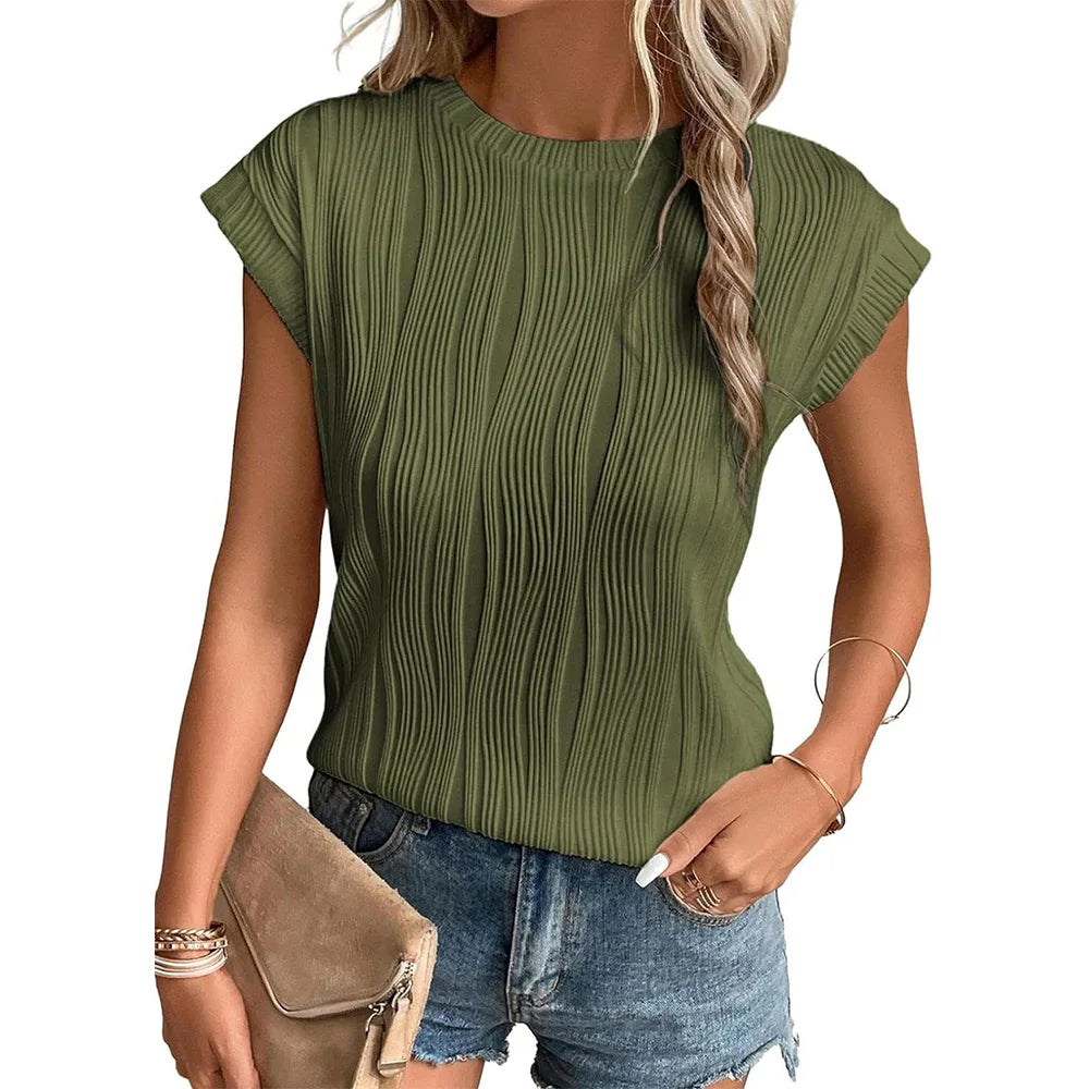 Womens Short Sleeve Textured Tops Crewneck Knit Solid Loose Casual Basic T Shirts Tee Blouses  Amaijoin