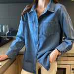 Carregue a imagem no visualizador da Galeria, Lucyever Blue Denim Shirt Women 2023 Autumn New Single-Breasted Jeans Blouses Female Pockets Loose Fashion Lapel Cowboy Blusas  Amaijoin
