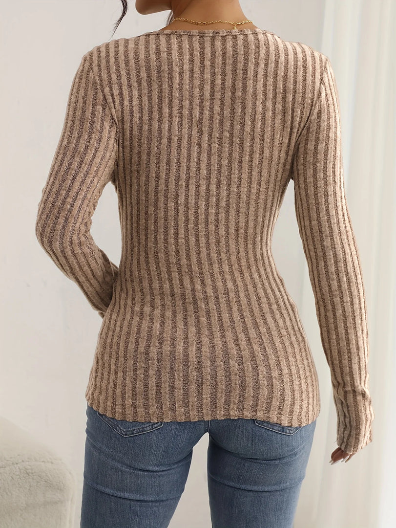 Autumn and winter sexy V-neck textured pit strip slim fit knitted long-sleeved women's T-shirt  Amaijoin