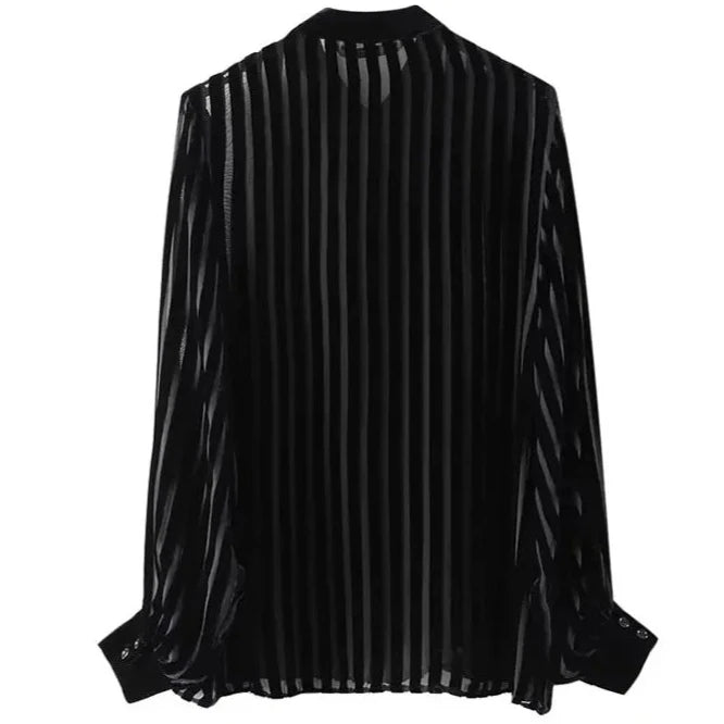 TRAF Women Black Oversize Shirt 2024 Striped Velvet Shirts Woman Long Sleeve Shirts and Blouses Female Semi Sheer Women's Shirts  Amaijoin