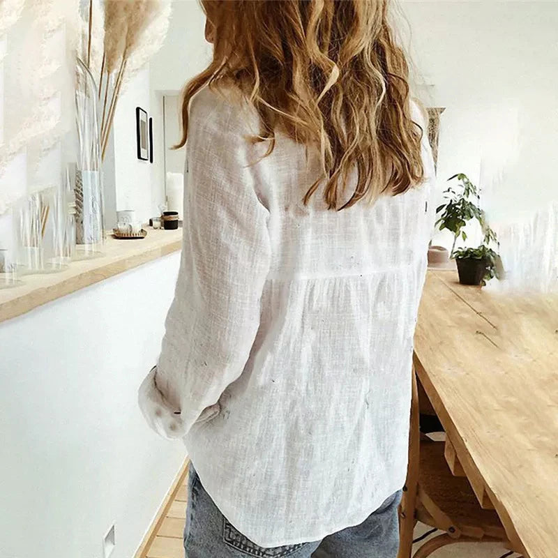 Elegant Cotton Linen Shirts Women Casual Solid Button Lapel Blouses Shirts Spring Summer Long Sleeve Loose Tops Tunic Blusas  Amaijoin