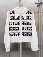 Carregue a imagem no visualizador da Galeria, Retro Heavy Industry Woven Jacquard Bow Embroidery Knit Cardigan Coat Turn-Down Collar Sweater Cropped Top Female White Knitwear  Amaijoin
