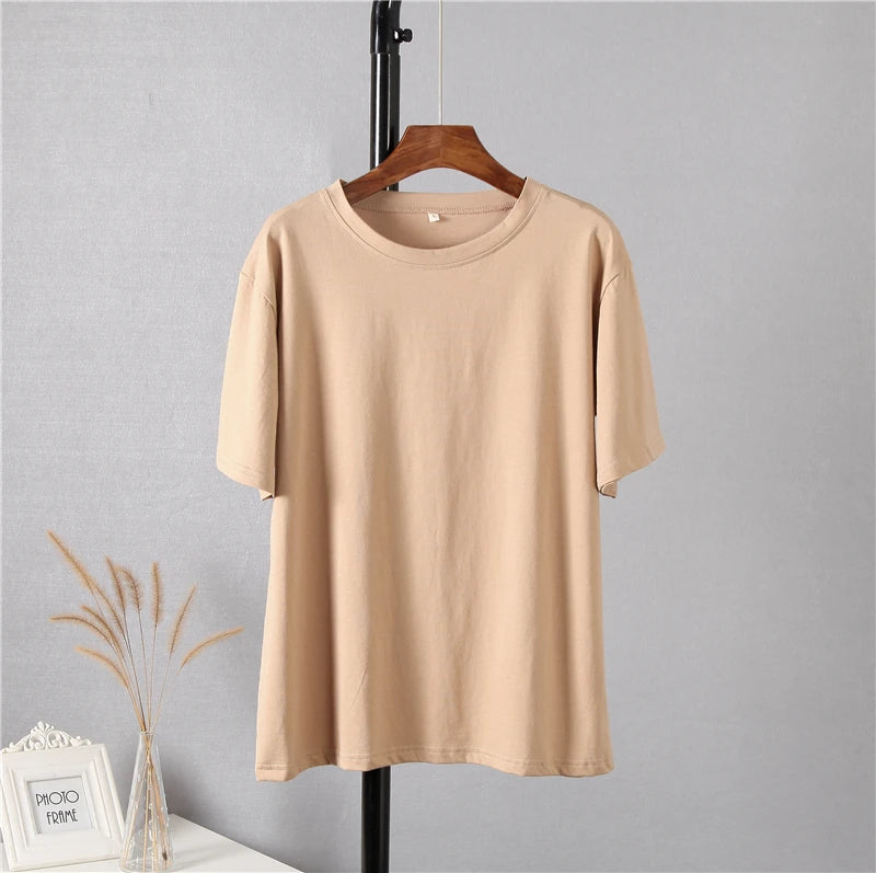 Hirsionsan 100% Cotton Oversized T Shirt Women Harajuku Basic Loose Short Sleeve Tees Soft Female Solid Tops Khaki Summer Jumper  Amaijoin