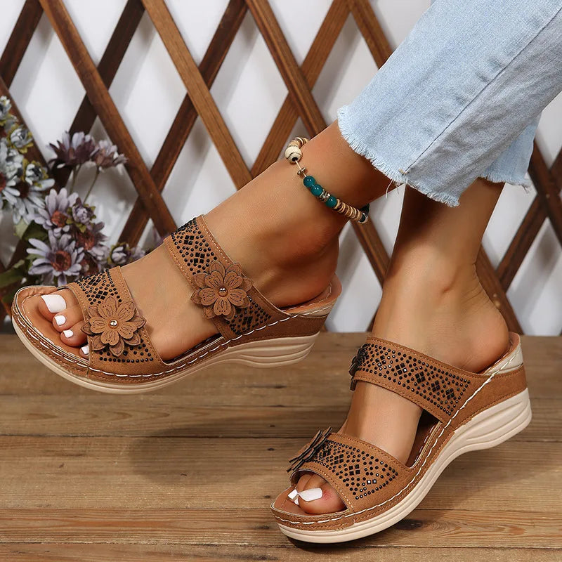 Summer Women Slippers Plus Size Women's Shoes Retro Roman Sandals Women Pu Casual Flower Wedge Sandals Platform Slippers Heel  Amaijoin