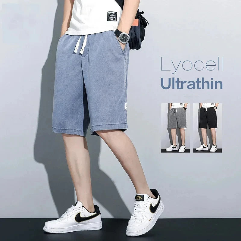 Summer Soft Cosy Lyocell Fabric Men's Denim Shorts Thin Loose Pants Drawstring Elastic Waist Korea Casual Short Plus Size M-5XL  Amaijoin