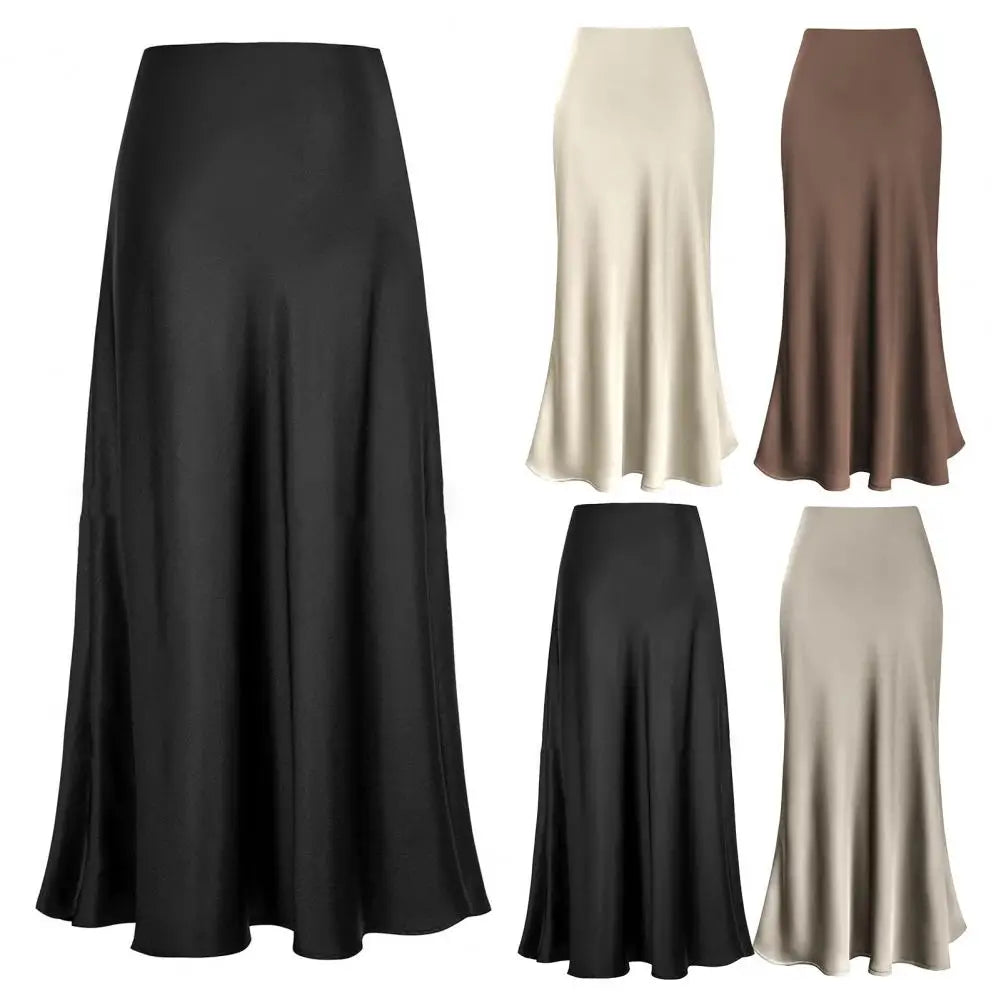 A-line Skirt Women High Waist Skirt Elegant Faux Silk Satin Skirts for Women High Waist Fishtail A-line Styles Solid Colors  Amaijoin