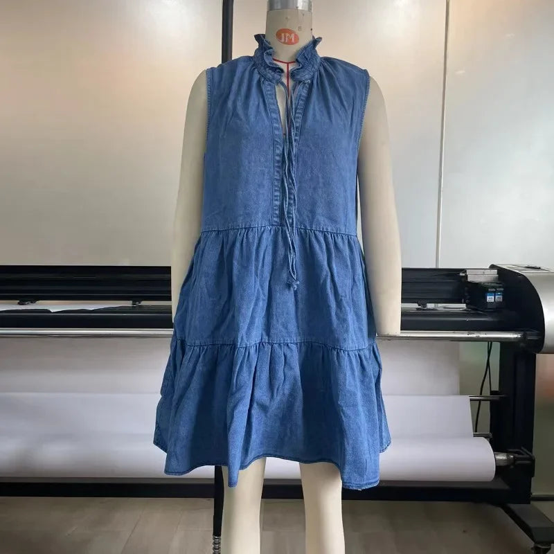 2024 Spring/Summer Denim Dress Loose V-neck A-hem Strap Tank Top Sleeveless Denim Dress New Style Birthday Dress for Women YDL32  Amaijoin