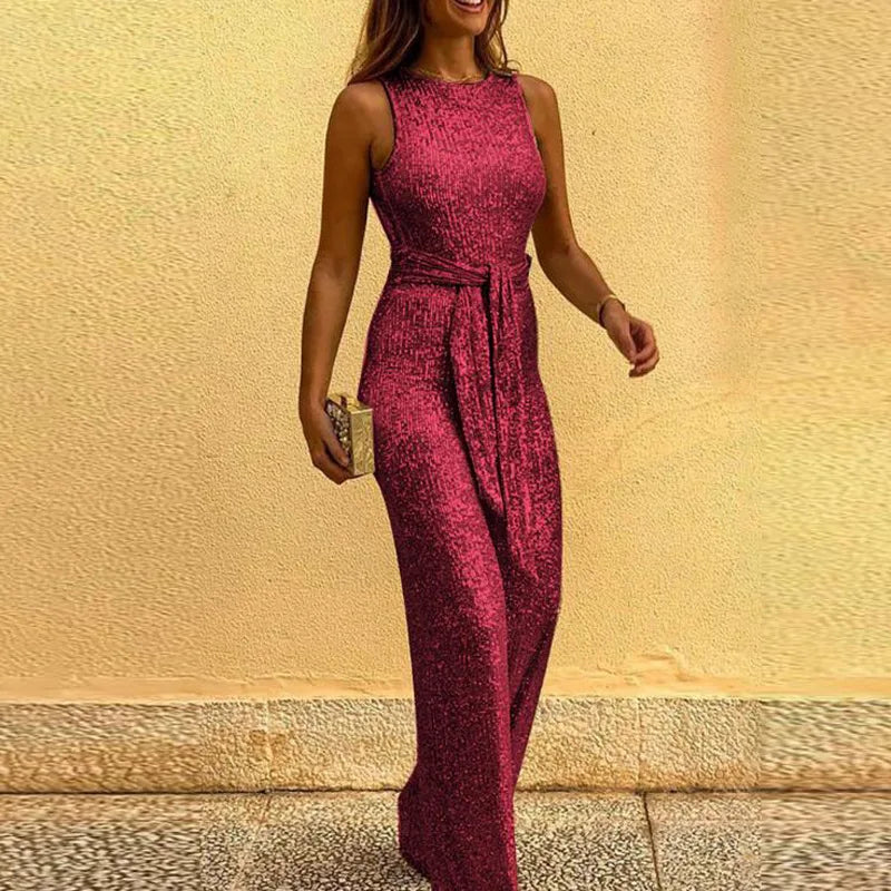 Spring and summer fashion elegant party jumpsuit round-necked sleeveless button sequins silver dot jumpsuit  Amaijoin