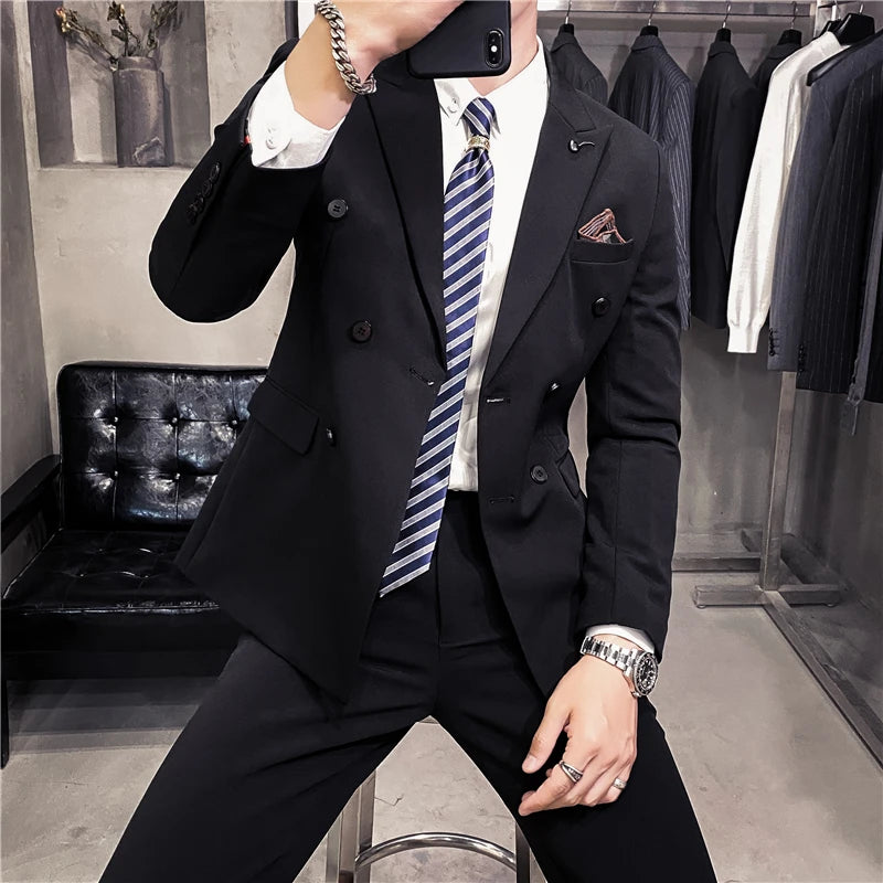 Blazer + Pants High-end Solid Color Mens Casual Business Double-breasted Suit 2pcs Groom Wedding Dress Tuxedo Jacket Trousers  Amaijoin